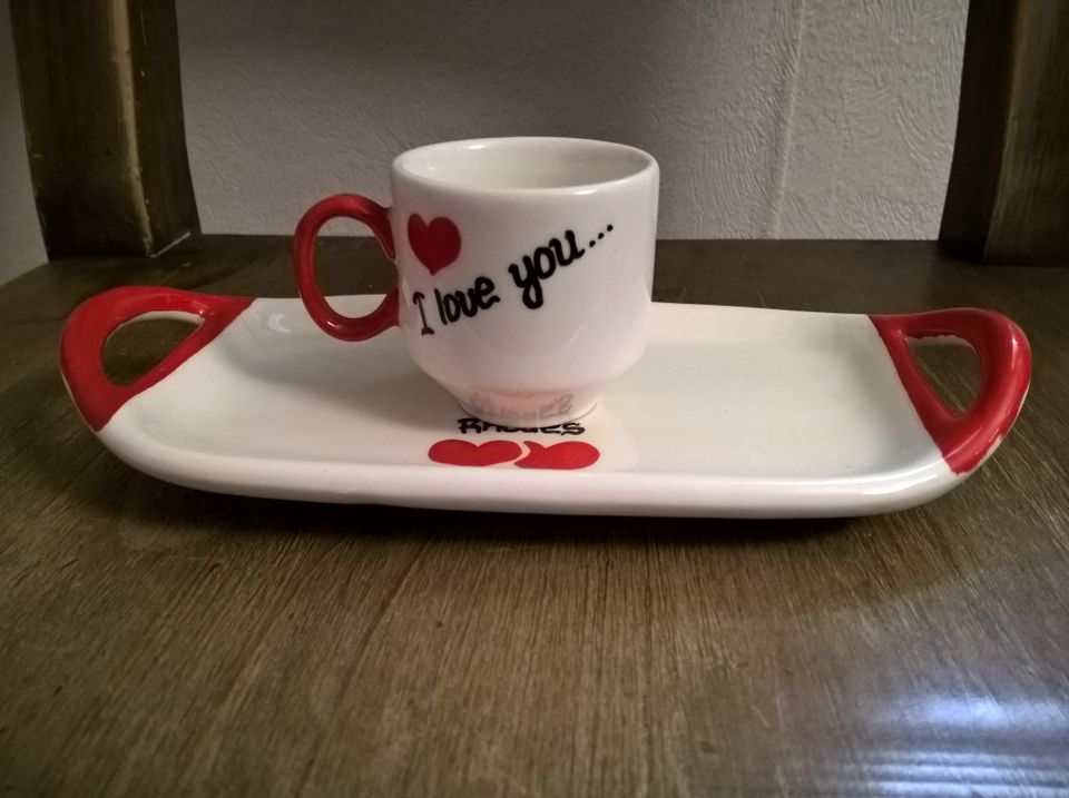 Vintage matkamuisto kuppi & lautanen "I love you"