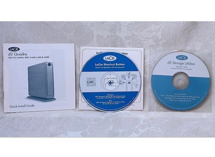 LaCie d2 Quadra ( ulkoisen kiintolevyn ) ohjekirja + CD - ROM levykkeet