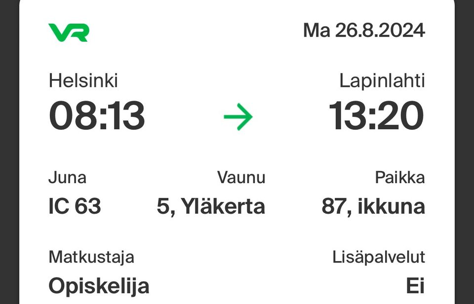 Junalippu opiskelijalle Helsinki-Lapinlahti 26.08.