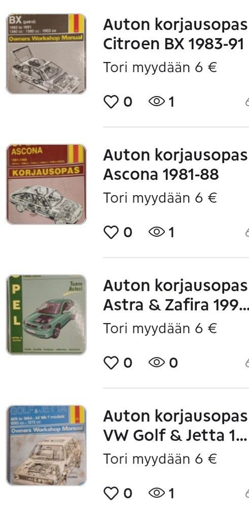 Auton korjausoppaita 4 kpl tarjolla