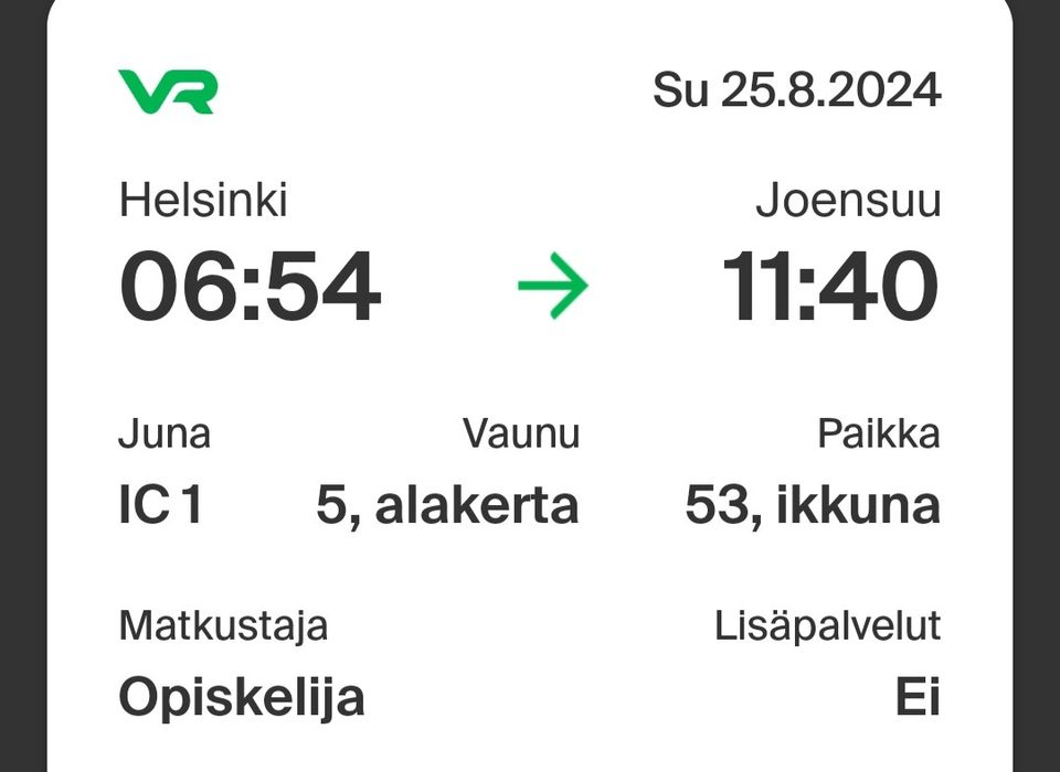 Opiskelijajunalippu Helsinki-Joensuu 25.8