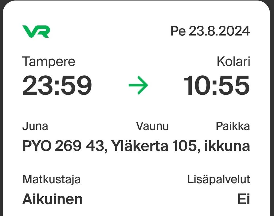 Yöjuna meno-paluu istumapaikalla Tampere-Kolari 23.-30.8.