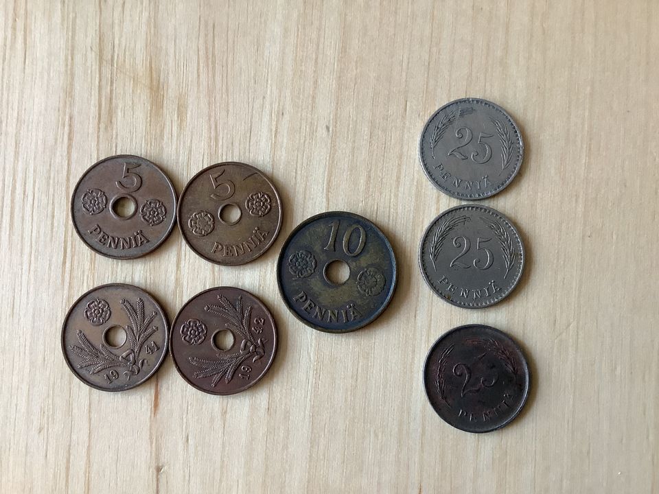 5p, 10p, 25p kolikoita 8kpl, vv, 1941, 1942, 1928, 1938, 1945