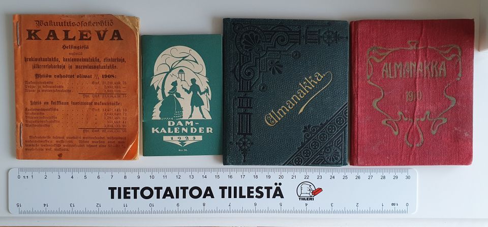 Kalenteri Almanakka 1903 ja 1910, Dam-kalender 1925, osakeyhtiö Kaleva