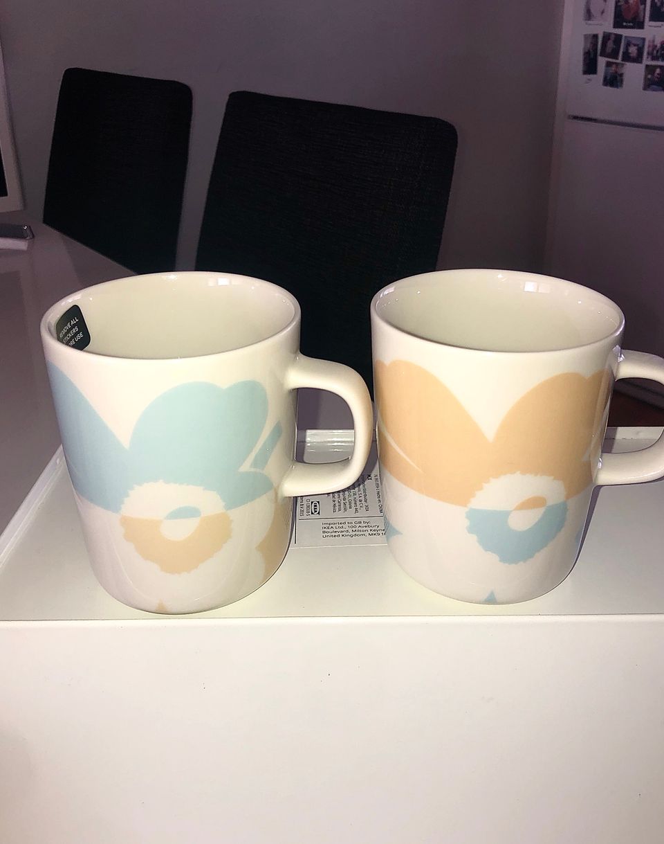 Marimekko Suuri unikko muki setti, Aqua/beige/valkoinen. Uudet