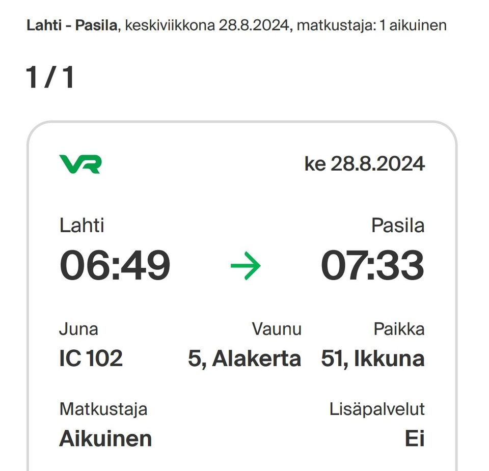 Junalippu Lahti-Pasila 28.8.