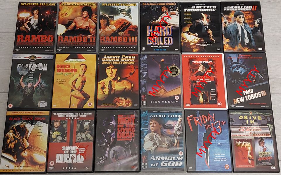 DVD elokuvia: Rambo, kauhu, kung-fu, toiminta ym