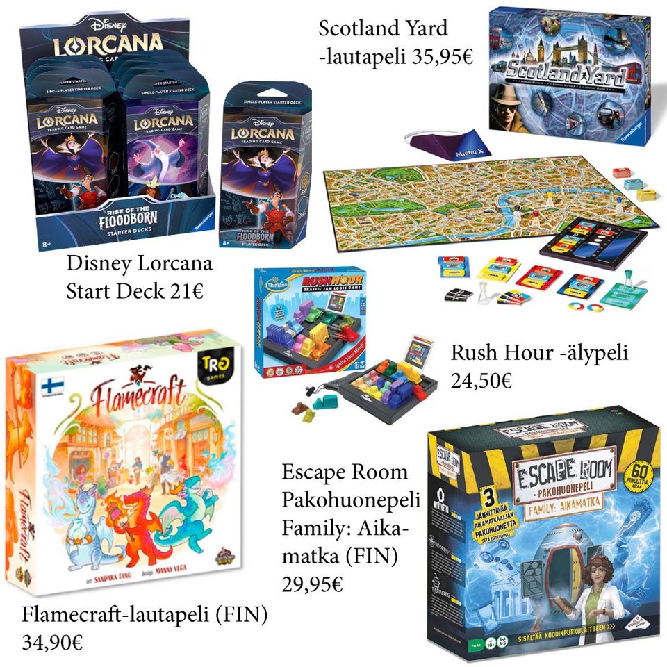 Lautapelit: Scotland Yard, Rush Hour, Disney Lorcana, Flamecraft ym