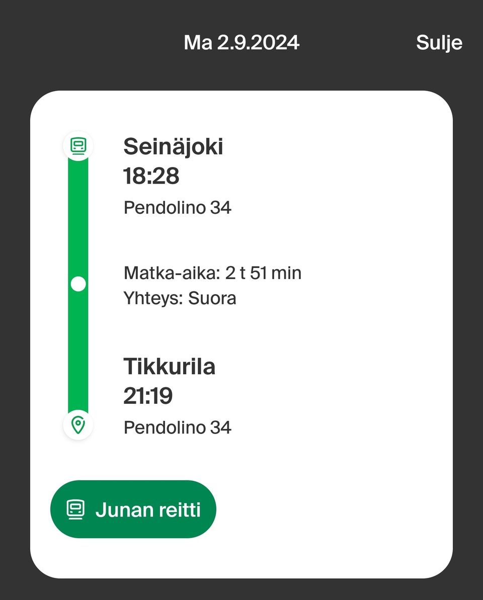 Junalippu maanantai 2.9. Seinäjoki - Tikkurila