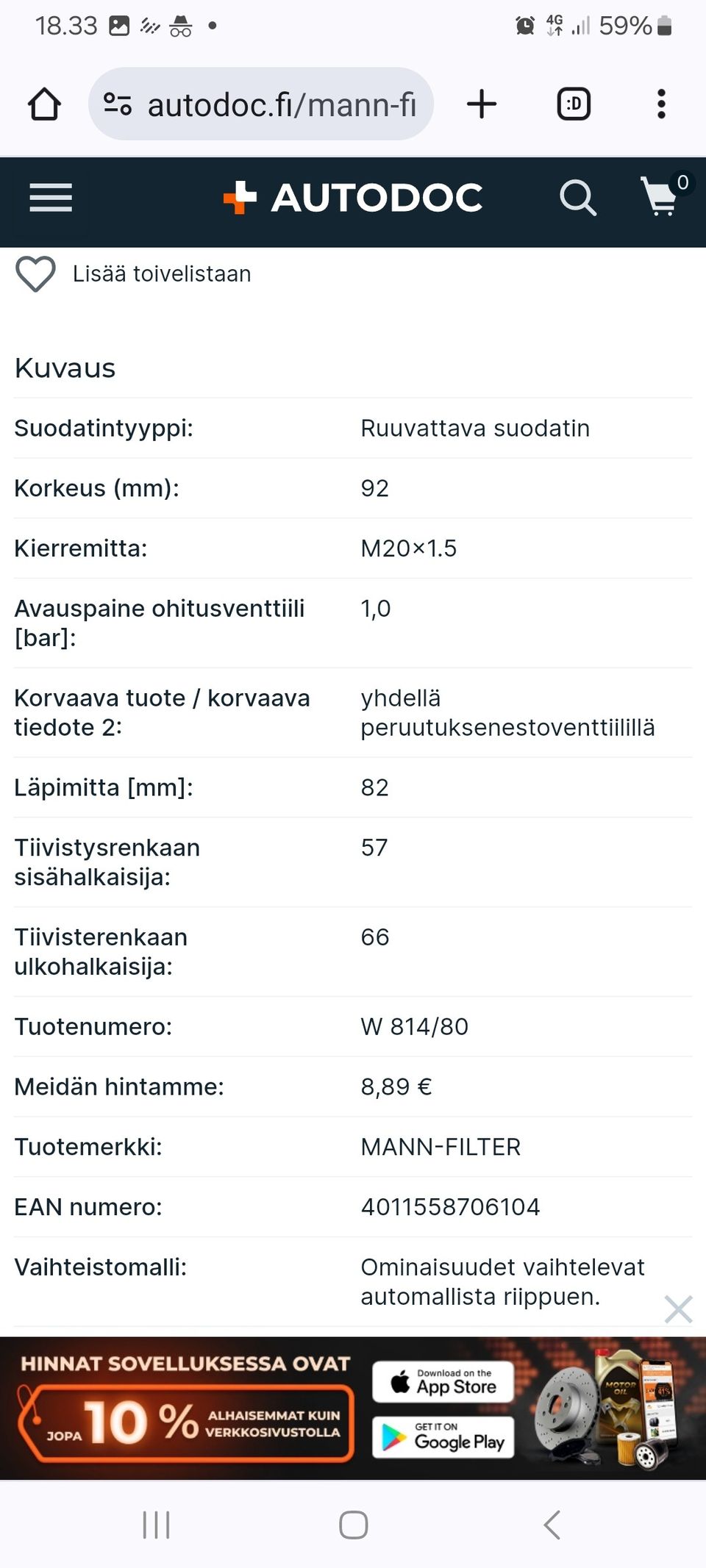 Öljynsuodatin W814/80 MANNFILTER