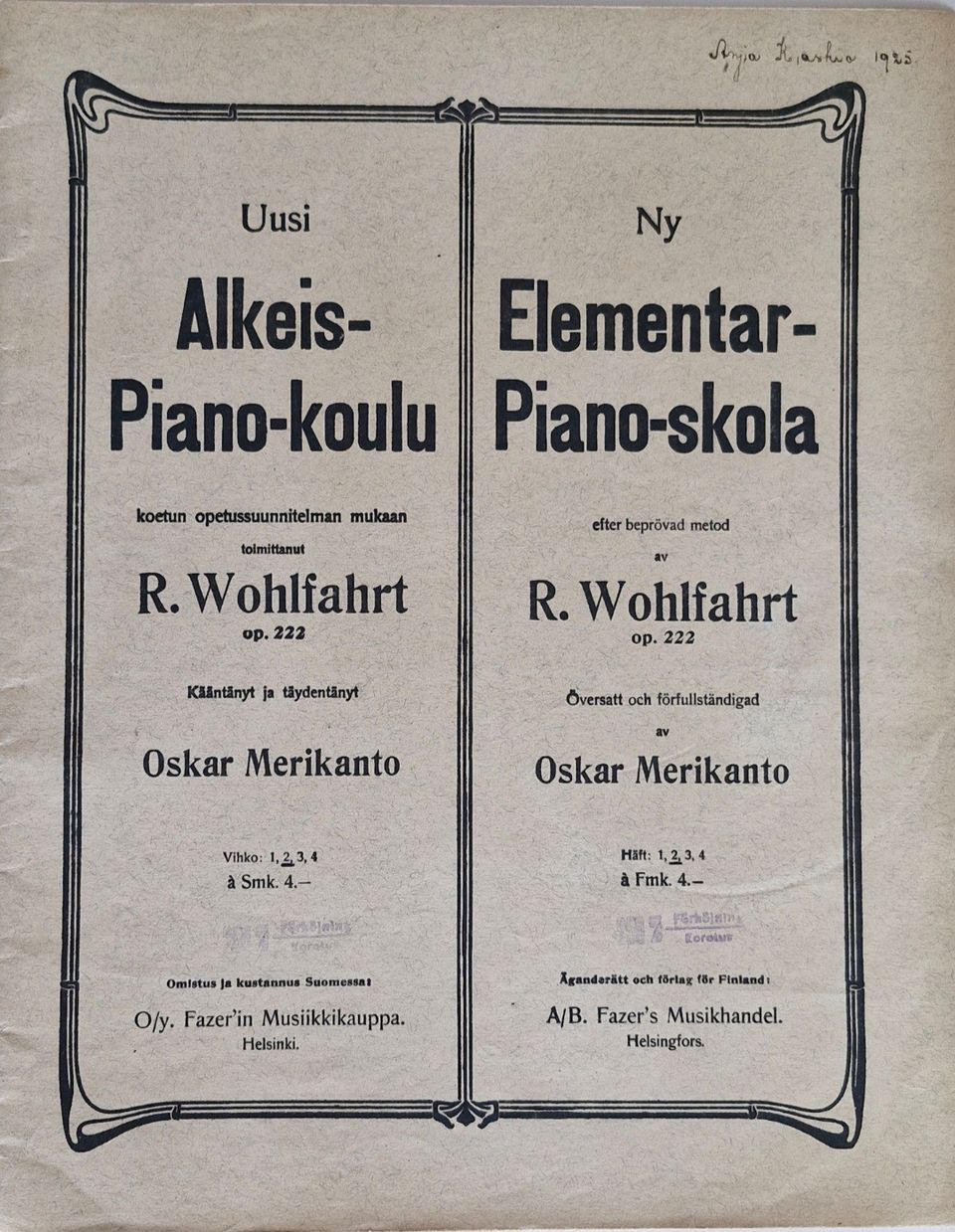 Alkeis-Pianokoulu - R.Wohlfahrt/Oska Merikanto - 1925