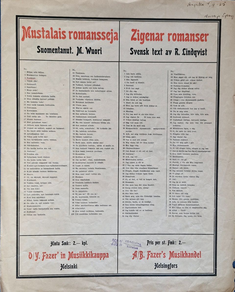 Nuottivihko 1925 - Mustalaisromansseja, laulu "Nuotioni"