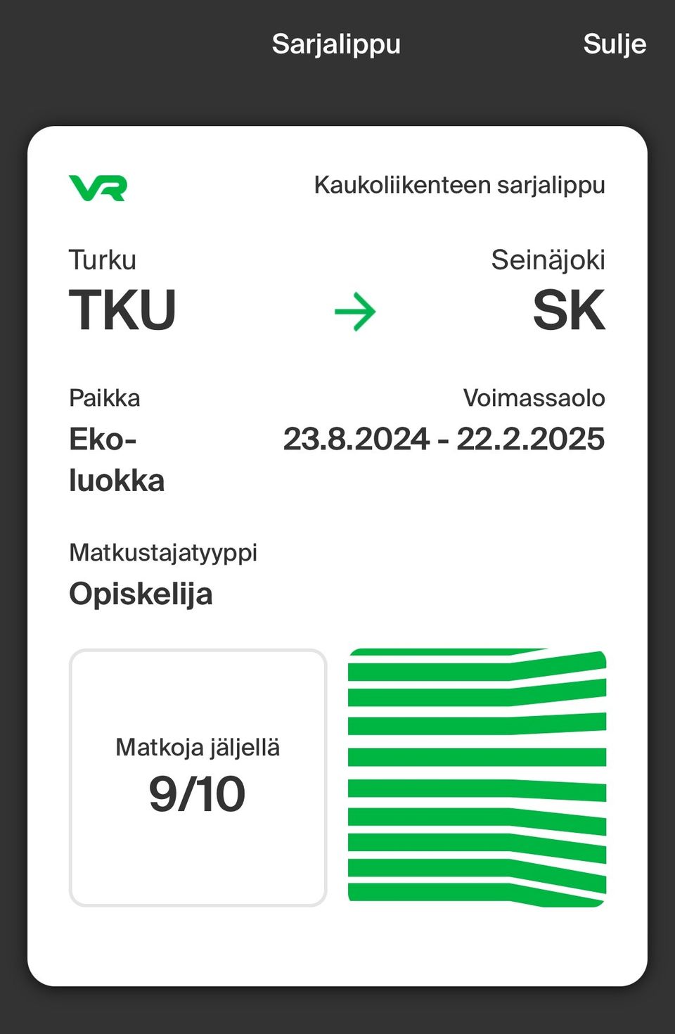 VR Junalippu Opiskelija sarjalippu  TURKU - SEINÄJOKU tai TURKU - TAMPERE