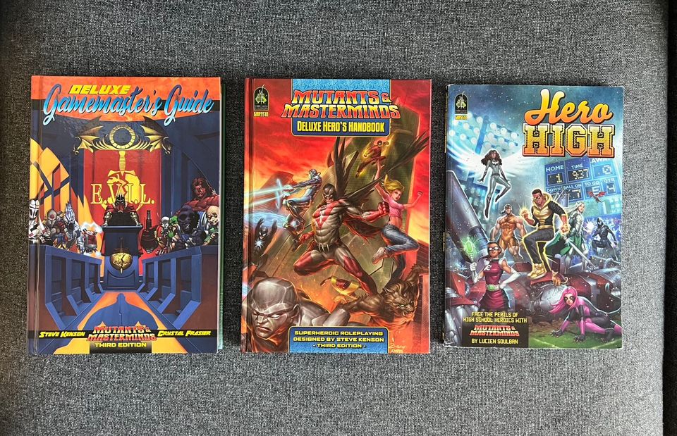 Mutants & Masterminds RPG, GM’s book, Players’ book + Hero High & Cosmic