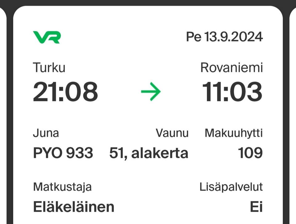 Makuuvaunulippu Turku-Rovaniemi 13.9.