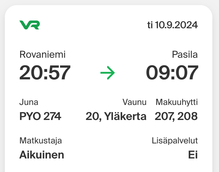 Junalippu autojunaan Rovaniemi-Helsinki 10.9.