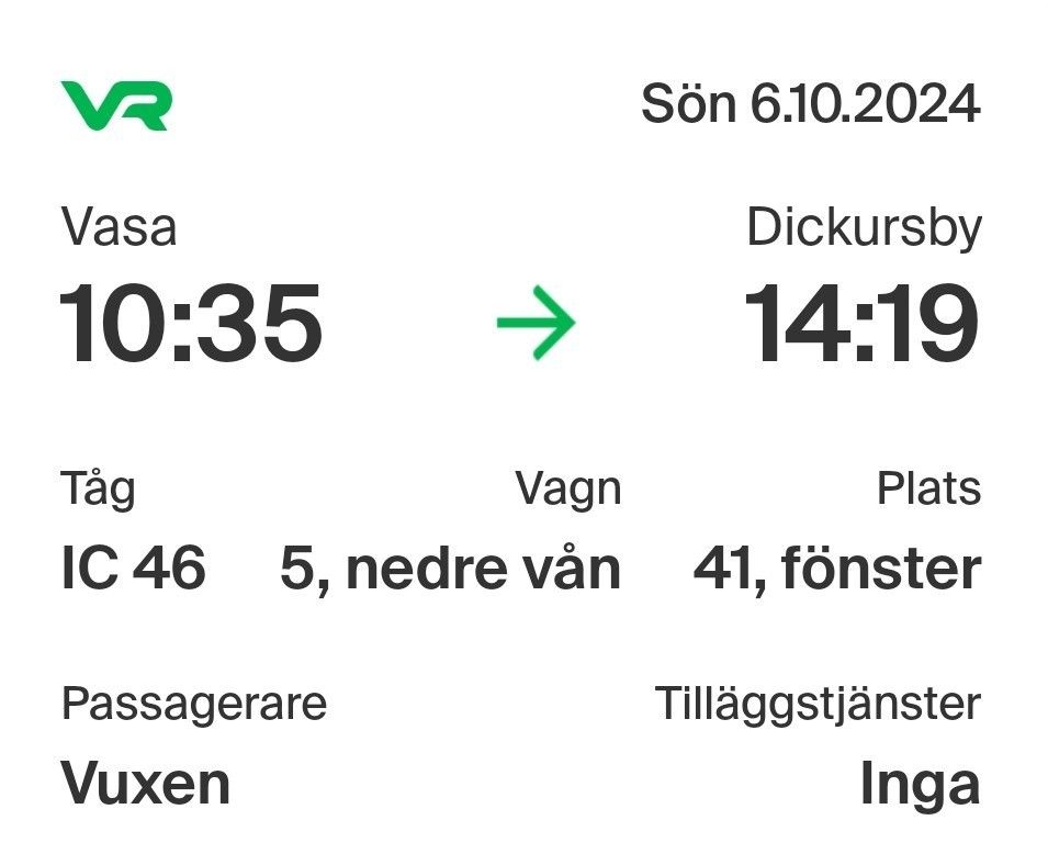 Junalippu/tågbiljett Vaasa - Tikkurila 6.10.