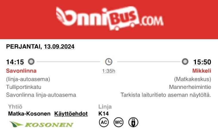 Onnibus-matka Savonlinna-Mikkeli pe 13.9. klo 14.15-15.50