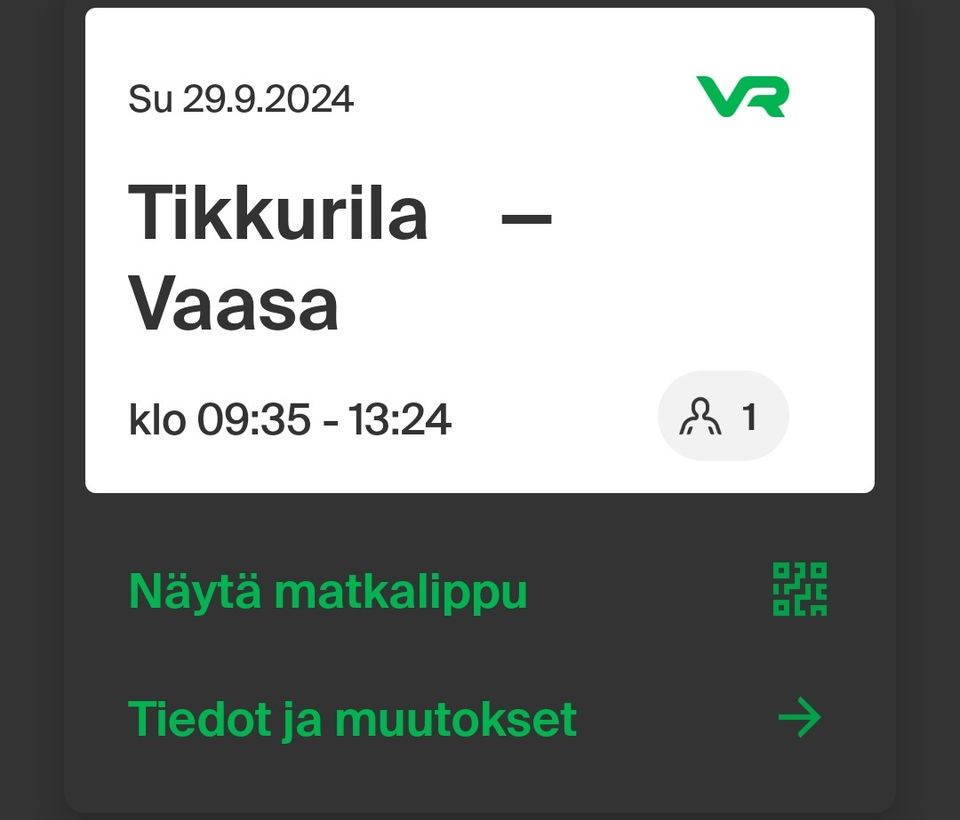 Tikkurila-Vaasa su 29.9. junalippu