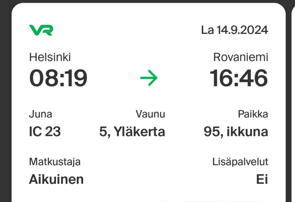 Junalippuja Helsinki - Rovaniemi