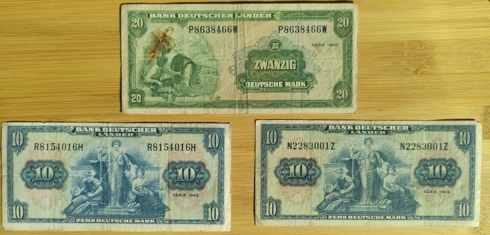 1949 WWII Occupied Germany Deutsche Mark - 2 x 10, 1 x 20 - Saksan Markka