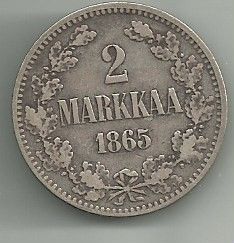 Suomen ensimmäinen hopea 2 markkaa vuodelta 1865