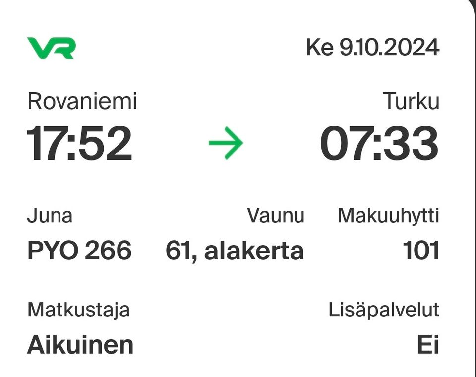 Makuuhytti junaan Rovaniemi-Turku 9.10.