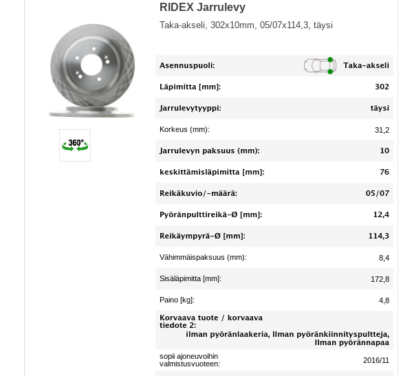 Ridex jarrulevy taakse (2kpl) 302mm,KIA, HYUNDAI