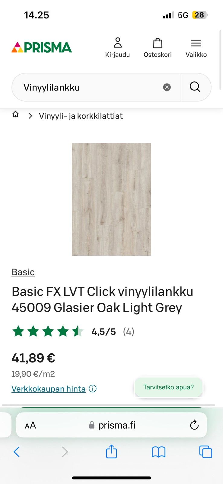 Basic FX LVT Click vinyylilankku 45009 Glasier Oak Light Grey 1pk AVAAMATON