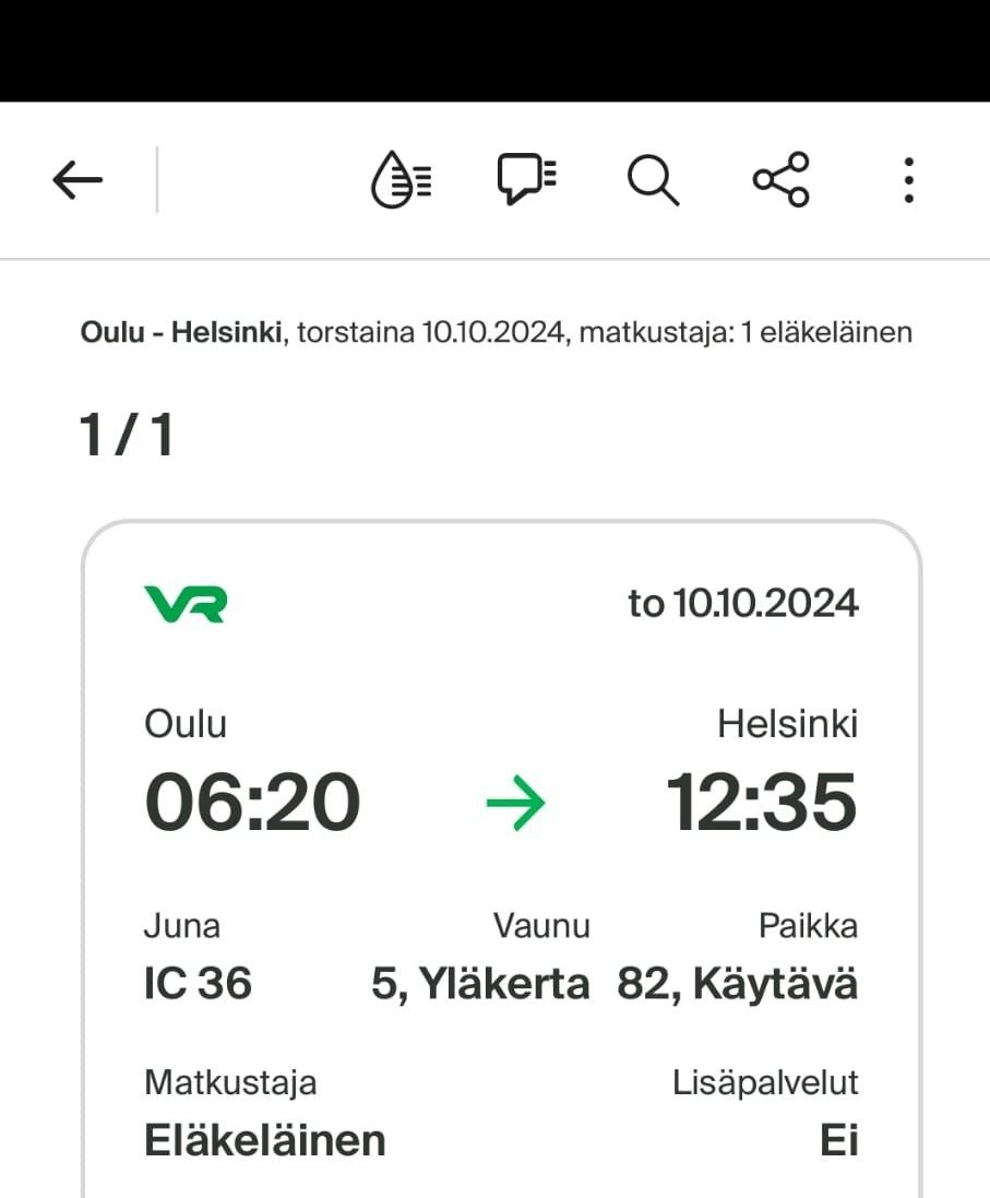 2kpl (eläkeläinen) Junalippua 10.10.2024 Oulu-Helsinki