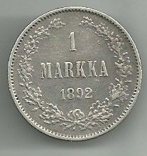 Suomi Hopea kolikko 1 markka vuodelta 1892