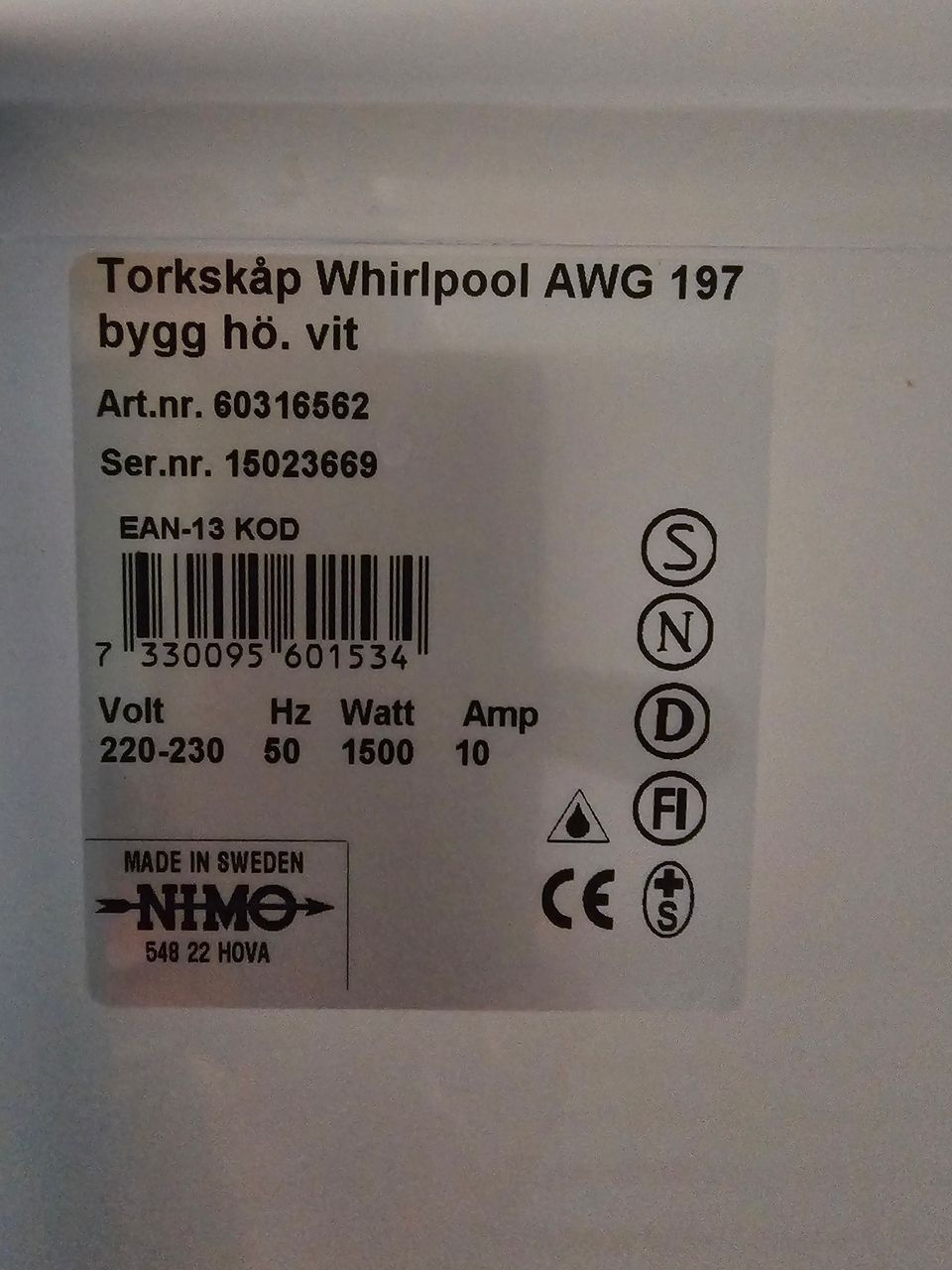 Kuivauskaappi Whirlpool AWG 197.