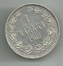 Suomi Hopea Kolikko 1 markka vuodelta 1908