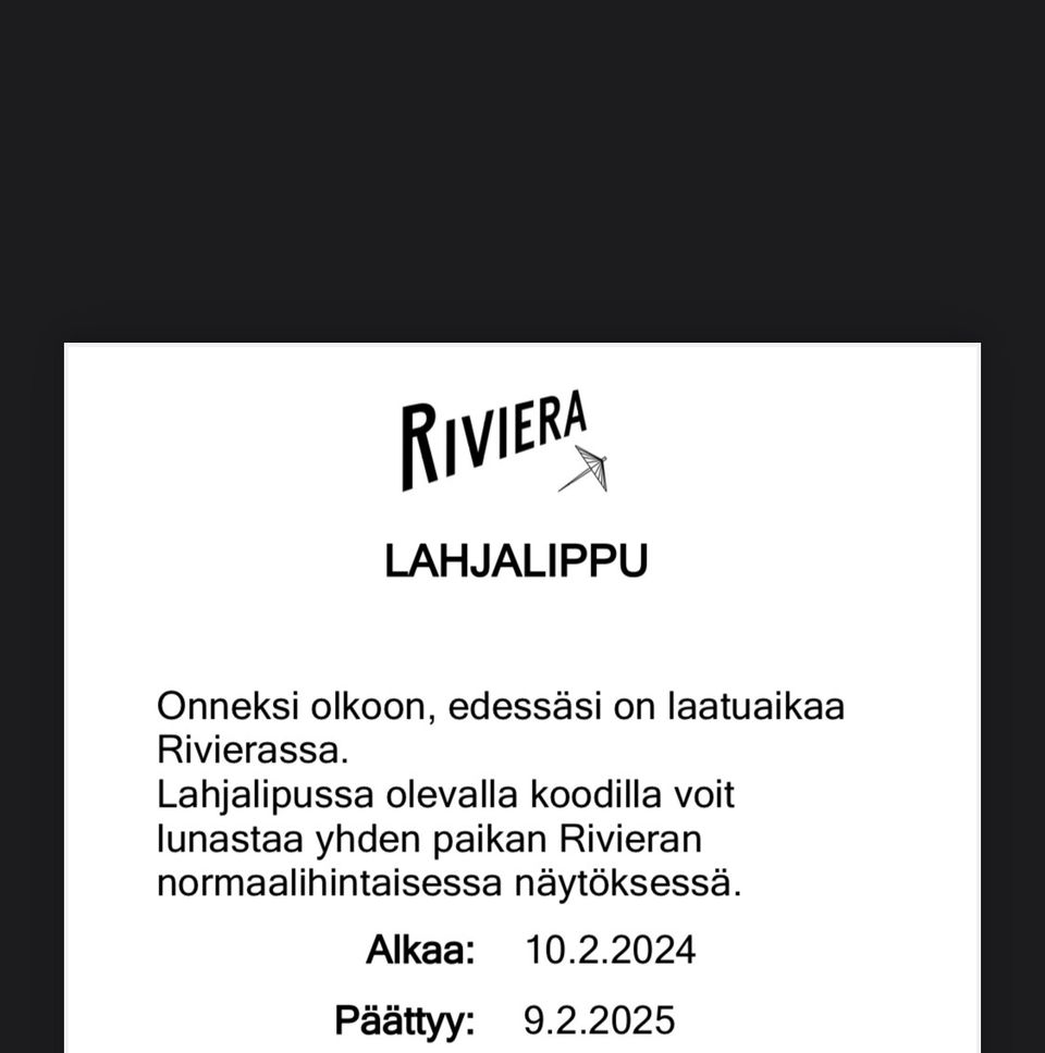 Riviera-elokuvateatteriin lahjalippu (1kpl)