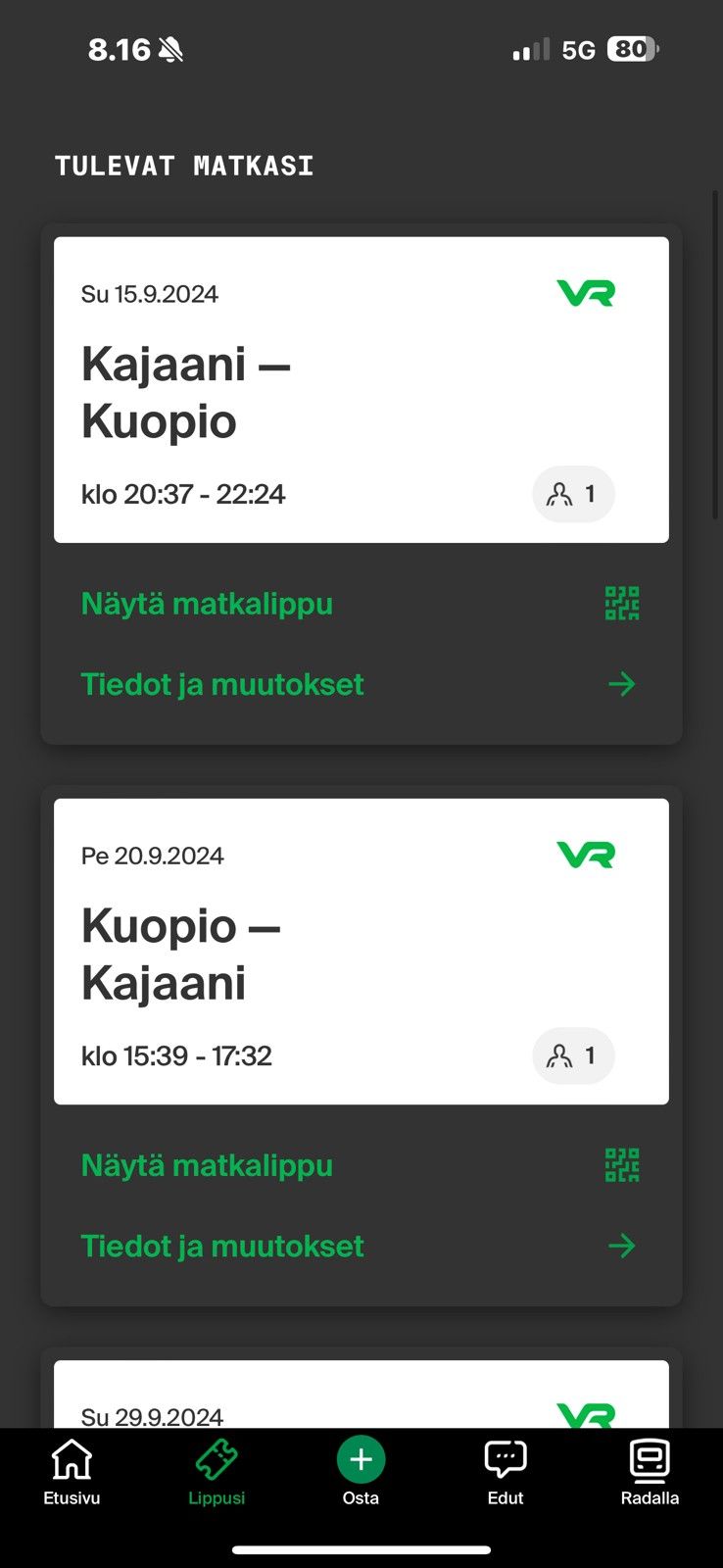 Junalippuja Kajaani-Kuopio-Kajaani