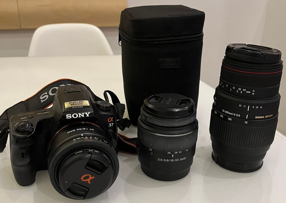 Sony SLT-A37 full HD + objektiivit DT 1.8/50mm SAM, 18-55 SAM, Sigma DG 70-300