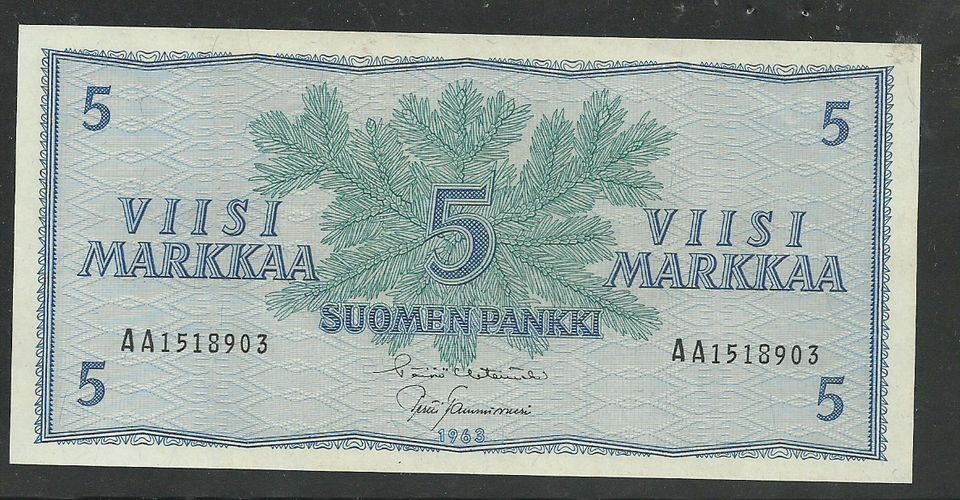 Suomi Seteli 5 markkaa ei Liit. No AA-1518903 Pakkasileä