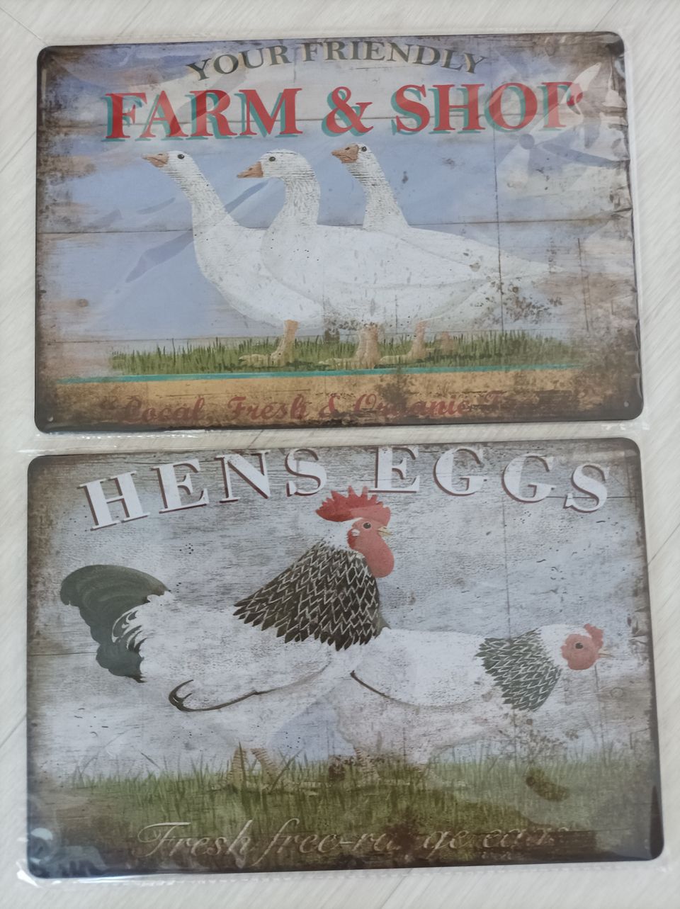 Farm shop ja Hens Eggs peltikyltit 2kpl