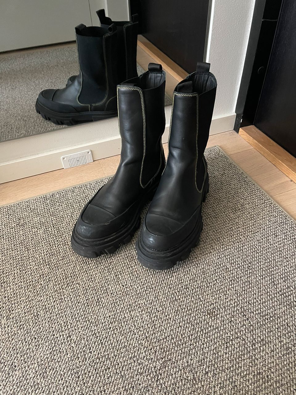 【GANNI】Black Stitch Cleated Mid Chelsea Boots GANNI Cleated Mid Chelsea Boots Black Stitch | Shopbop