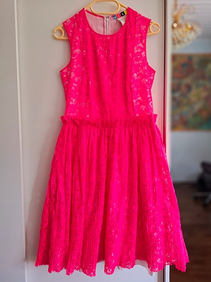 MSGM bright pink pleated-lace party dress