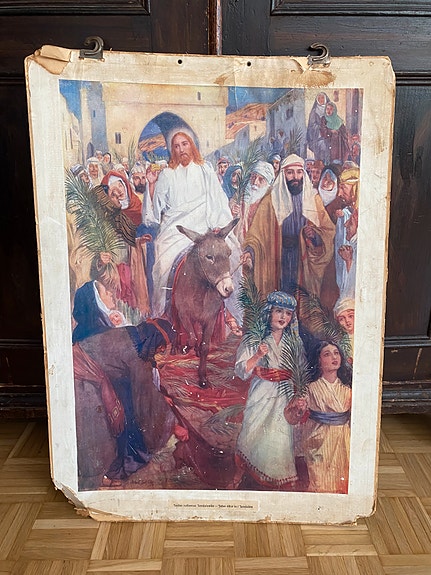 Vanha koulutaulu ”Jeesus ratsastaa Jerusalemiin”