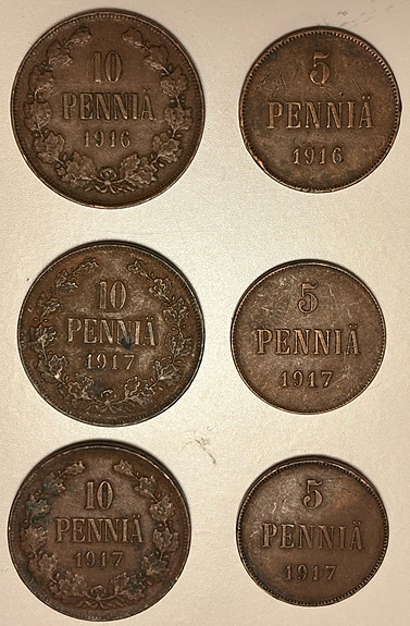 5&10 Penjia 1916 & 5&10 Pennia 1917 before and after independence.
