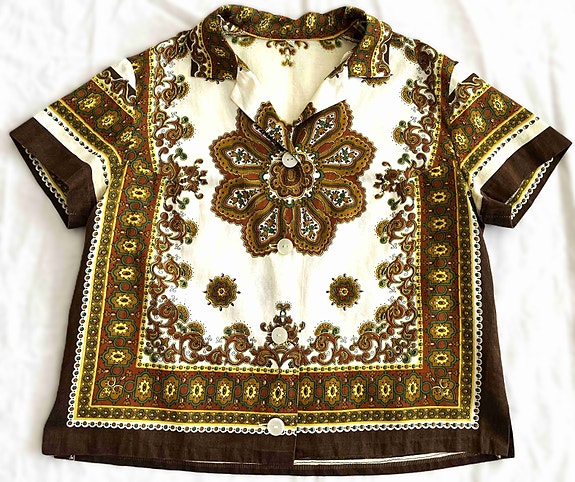 VINTAGE 70-luvun paita hippi boho lyhythihainen kauluspaita 60s 70s retro S XS