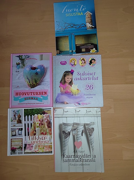 9 käsityö-, askartelu- ja sis.kirjaa+kartonkia+tilkkuja