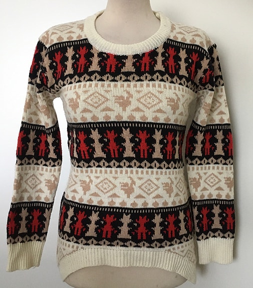 Uusi vaalea beige punainen kuviollinen neule