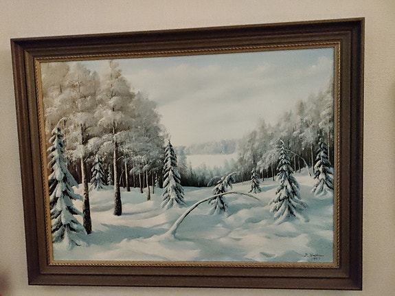 Talvimaisema öljyvärimaalaus Taiteilija P. Wallius v.1987