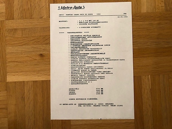 Varusteluettelo Pontiac Grand Prix SE Coupe 1990 - Metro-Auto - Suomi