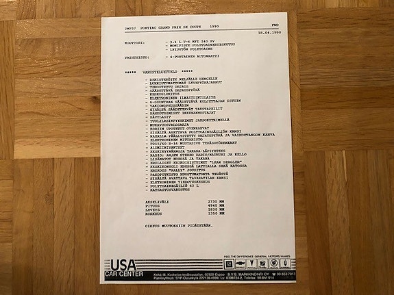Varusteluettelo Pontiac Grand Prix SE Coupe vuodelta 1990 - USA Car Center