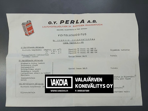 McCormick B-250 traktorin voitelusuositusohje