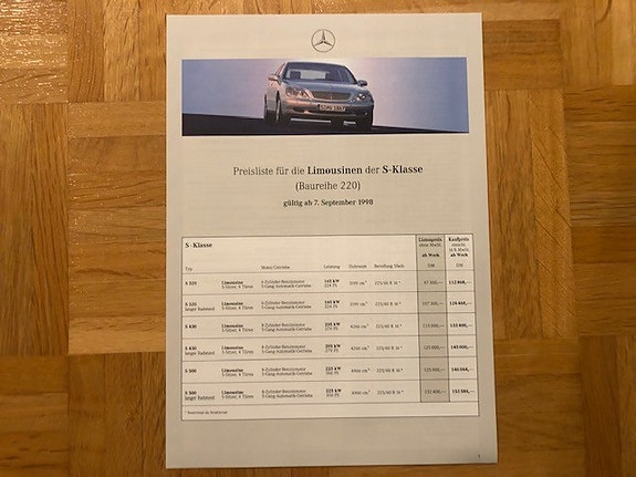 Hinnasto ja lisävarusteet Mercedes W220 S-sarja vuodelta 1998 - esite
